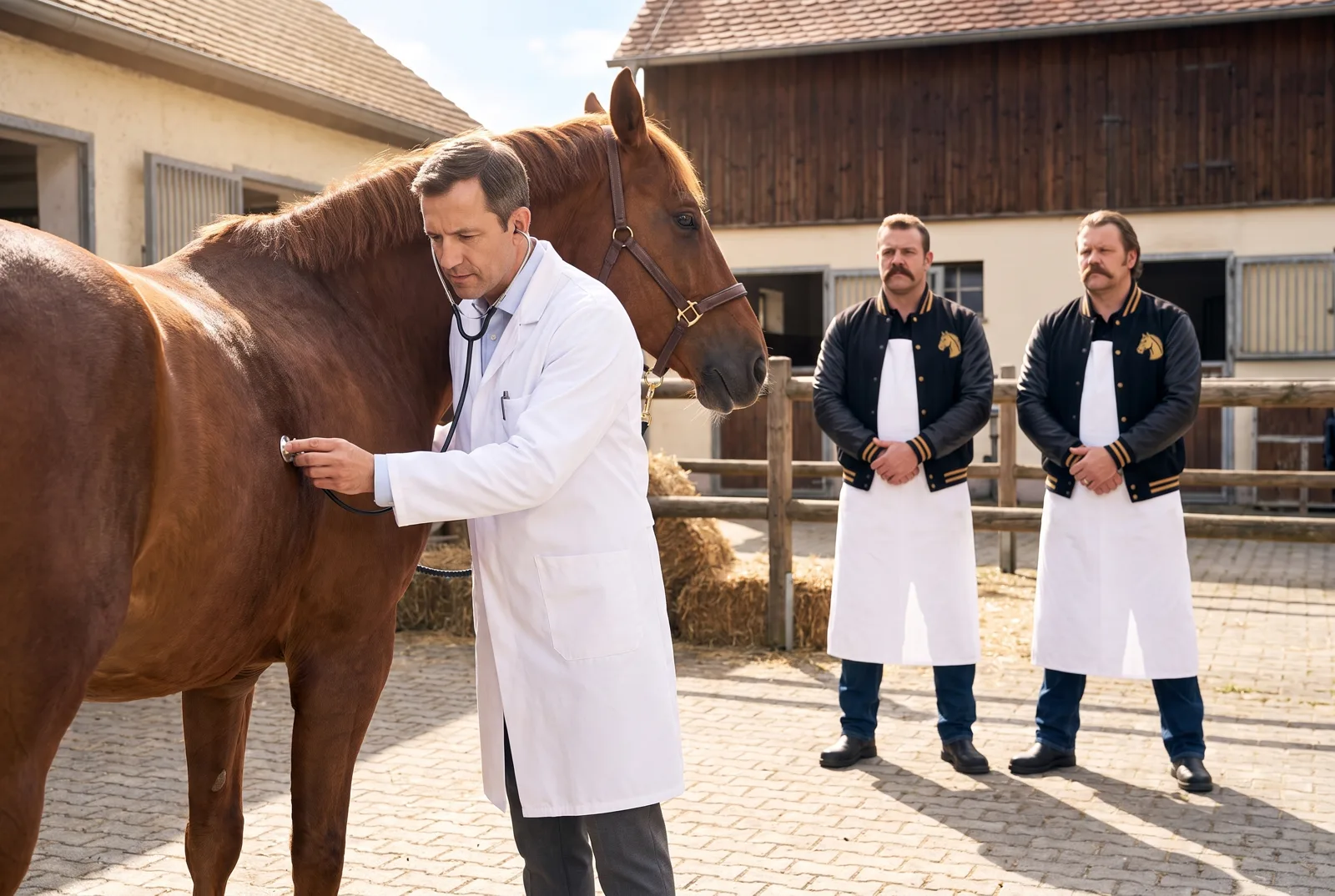 Der Amtstierarzt untersucht in Ruhe das Pferd — die Crew wartet brav mit gefalteten Händen im Hintergrund