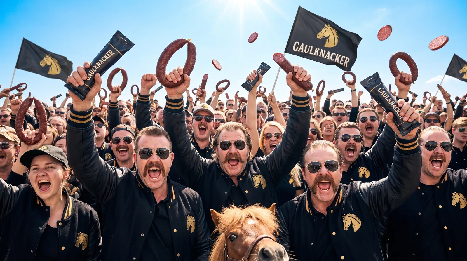 Ekstatische Menge in Gaulknacker-Jacken brüllt in die Kamera, Würste und Flaggen in der Luft, ein Pony photobombt