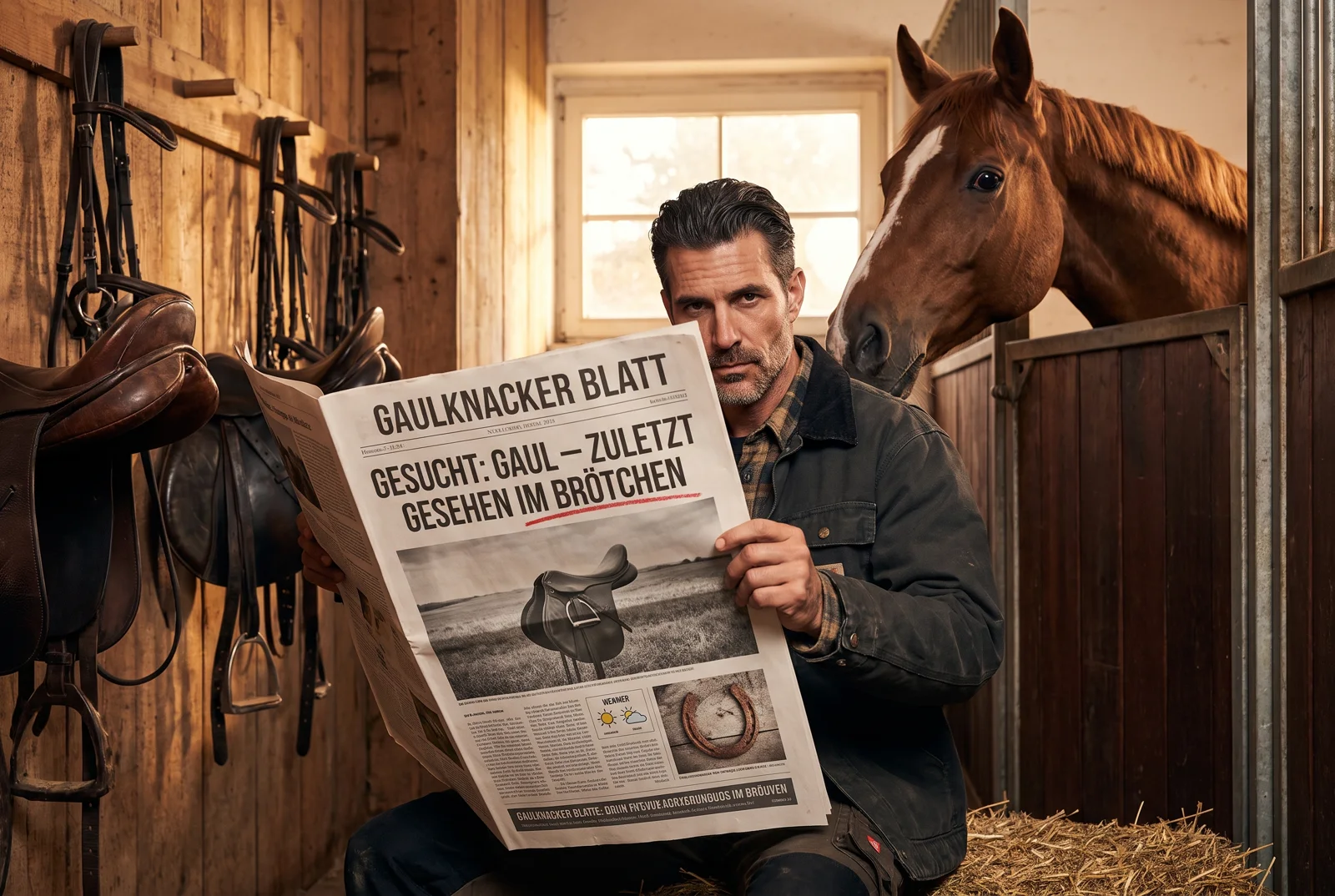 Mann liest im Stall das Gaulknacker Blatt — das Pferd liest über die Schulter mit