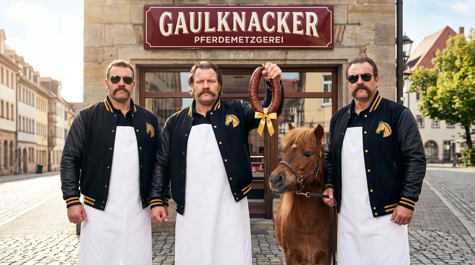 Die Gaulknacker-Gang vor der Pferdemetzgerei: drei Metzger, ein skeptisches Pony, eine Wurst-Trophäe