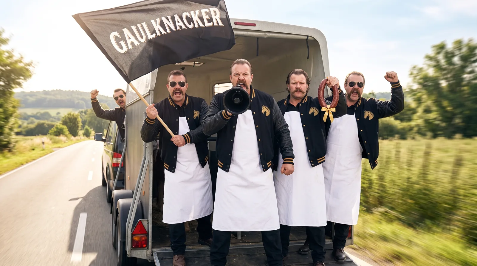 Die Gaulknacker-Crew jubelnd auf einem auffällig leeren Pferdeanhänger, mit Megafon und Gaulknacker-Flagge