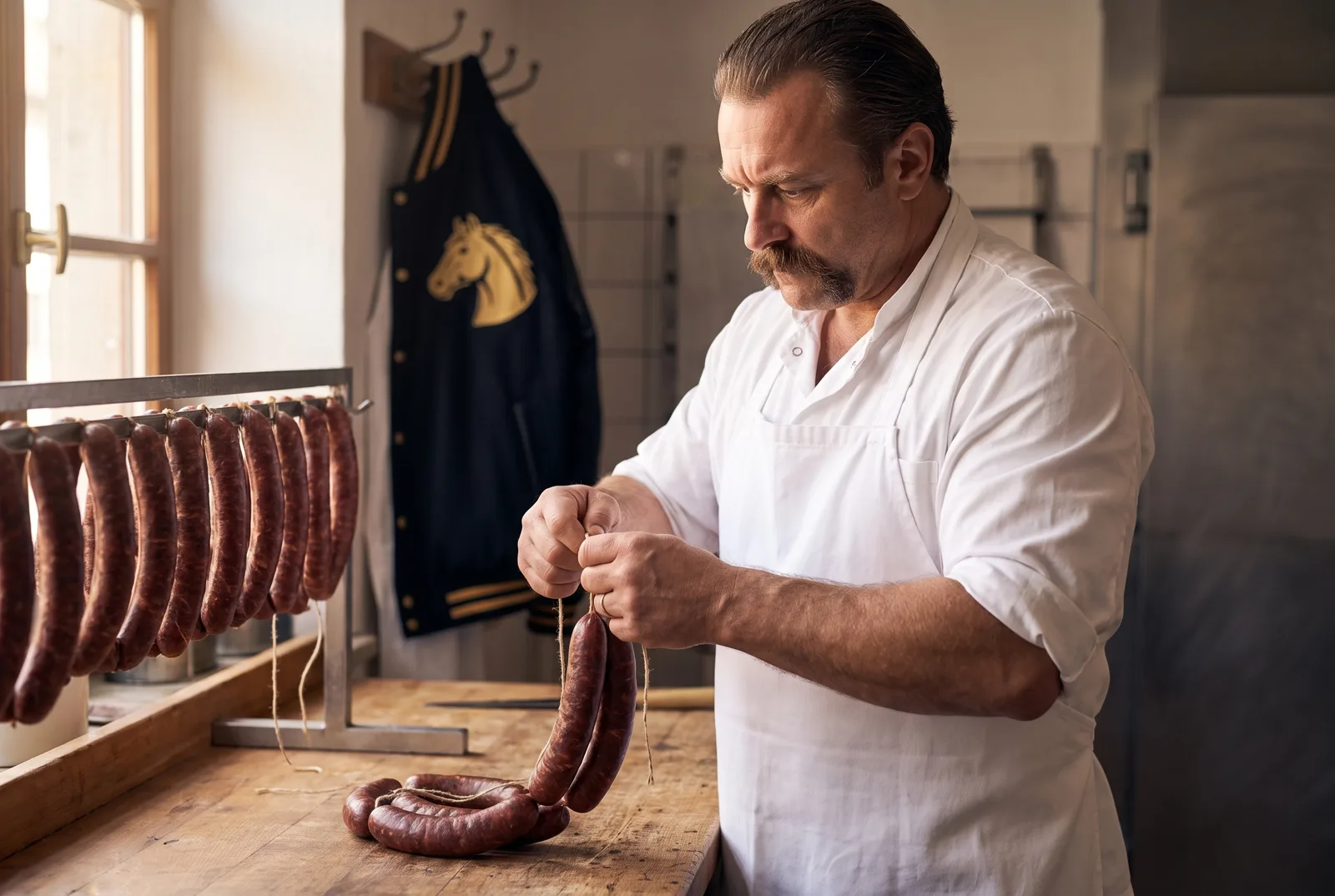 Ein Gaulknacker beim Wurst-Abbinden in der Werkstatt — am Haken hängt die Vereinsjacke