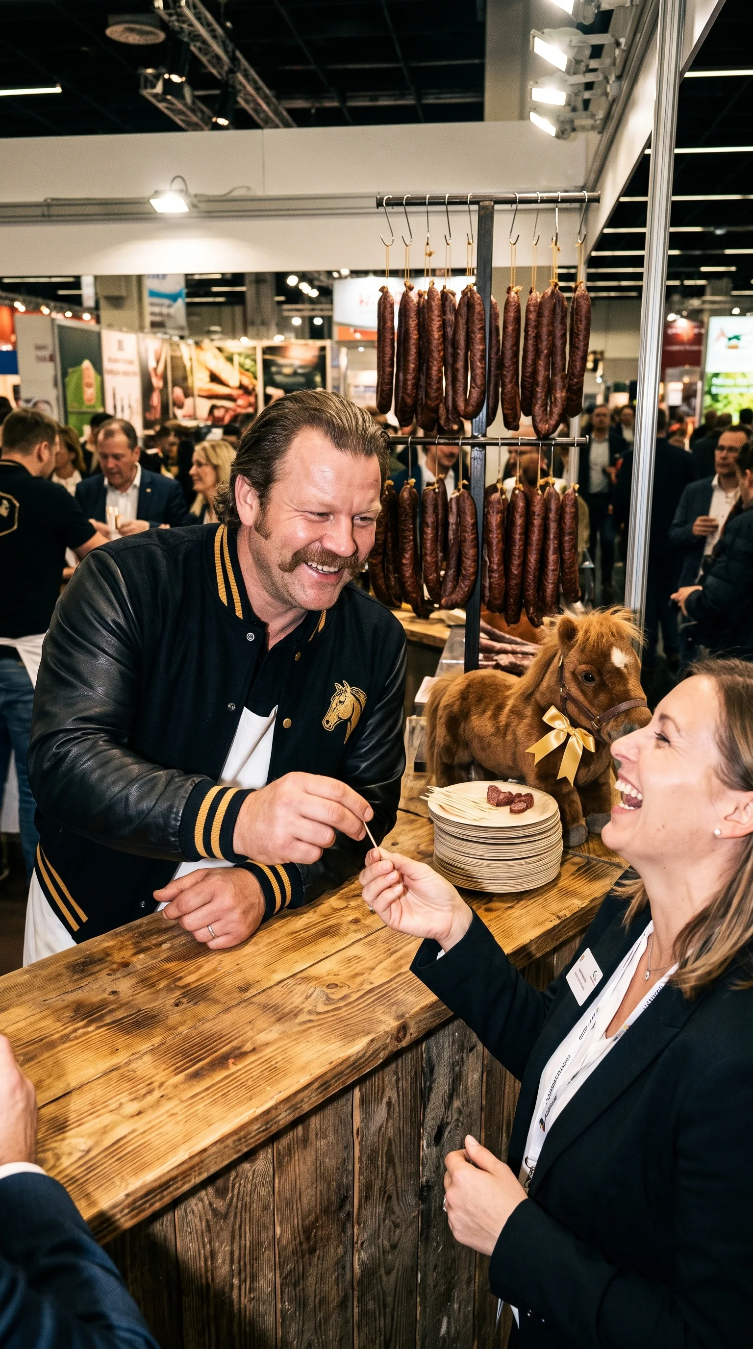 Crew-Mitglied reicht am Messestand ein Wurst-Häppchen