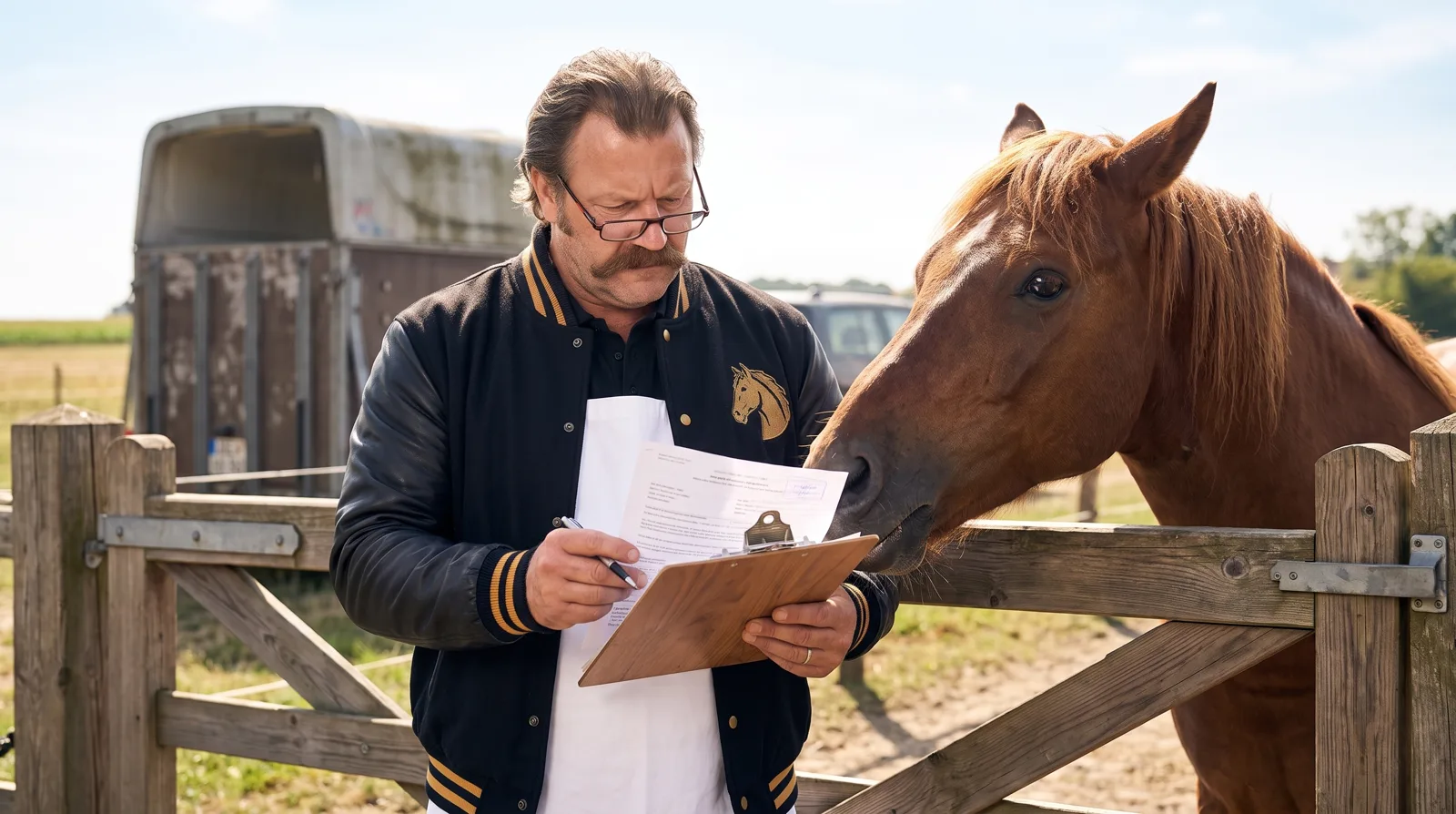 Ein Gaulknacker prüft mit Lesebrille ernst ein Klemmbrett, während das Pferd daneben an den Papieren knabbert