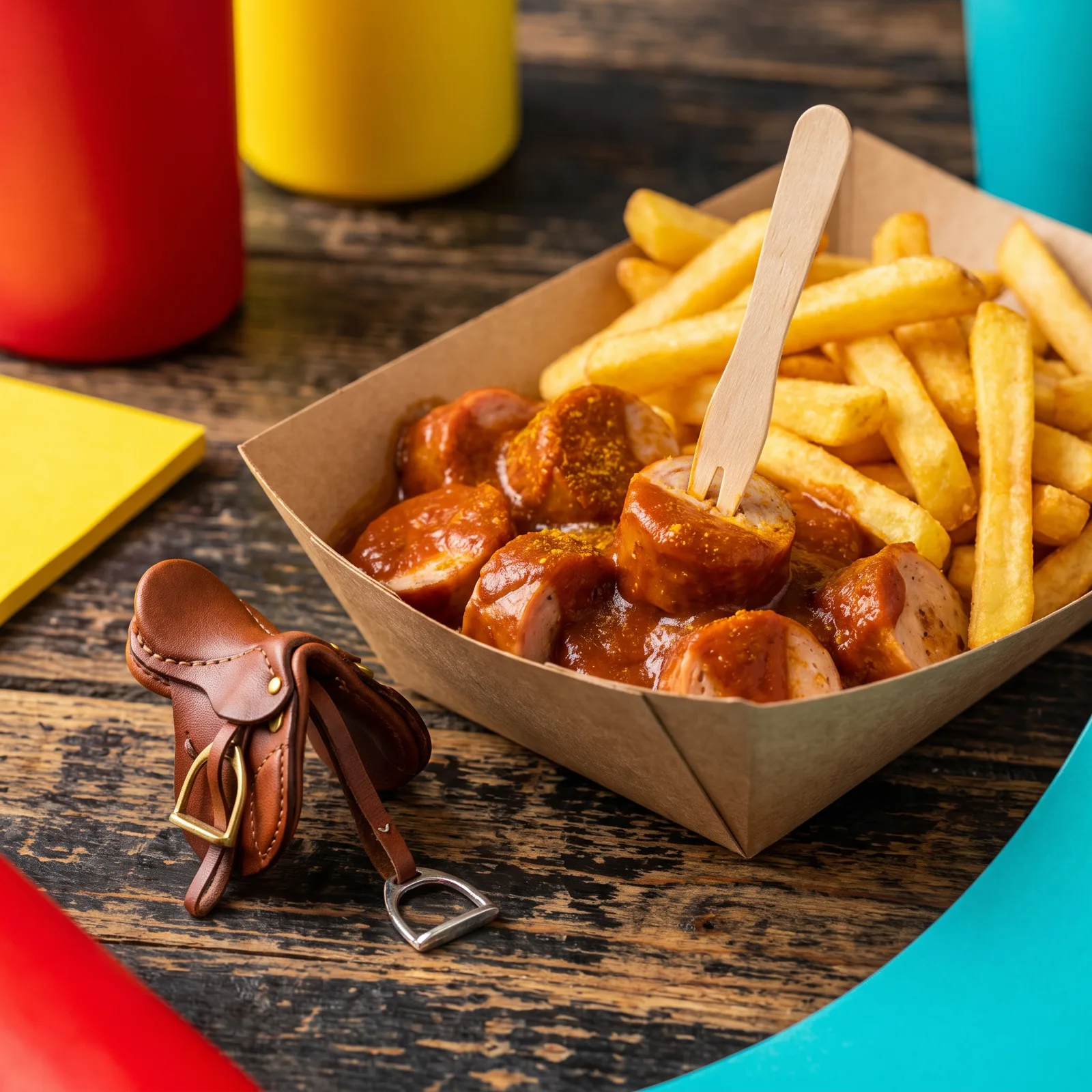 Currywurst-Pommes-Schale, daneben ein Miniatur-Sattel