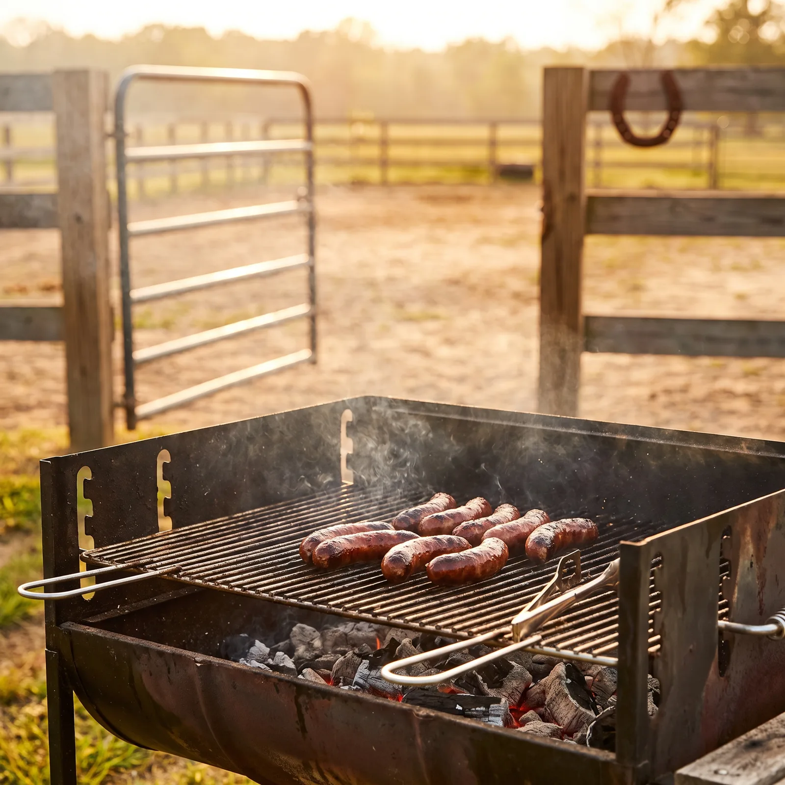 Pferdewienerl auf dem Holzkohlegrill — im Hintergrund eine friedlich leere Koppel