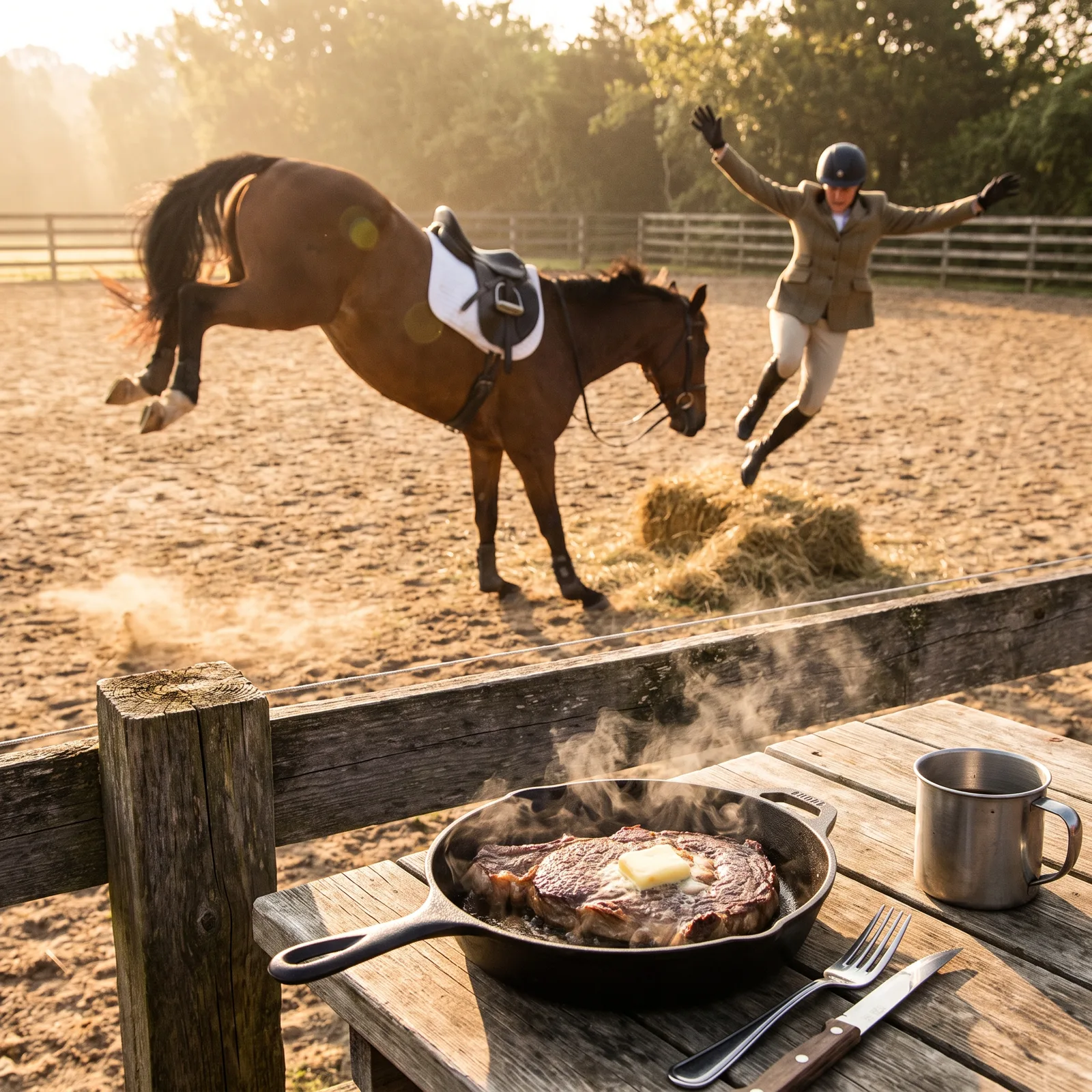 Hüftsteak brät in der Pfanne, an der Wand hängt ein verstaubter Reithelm