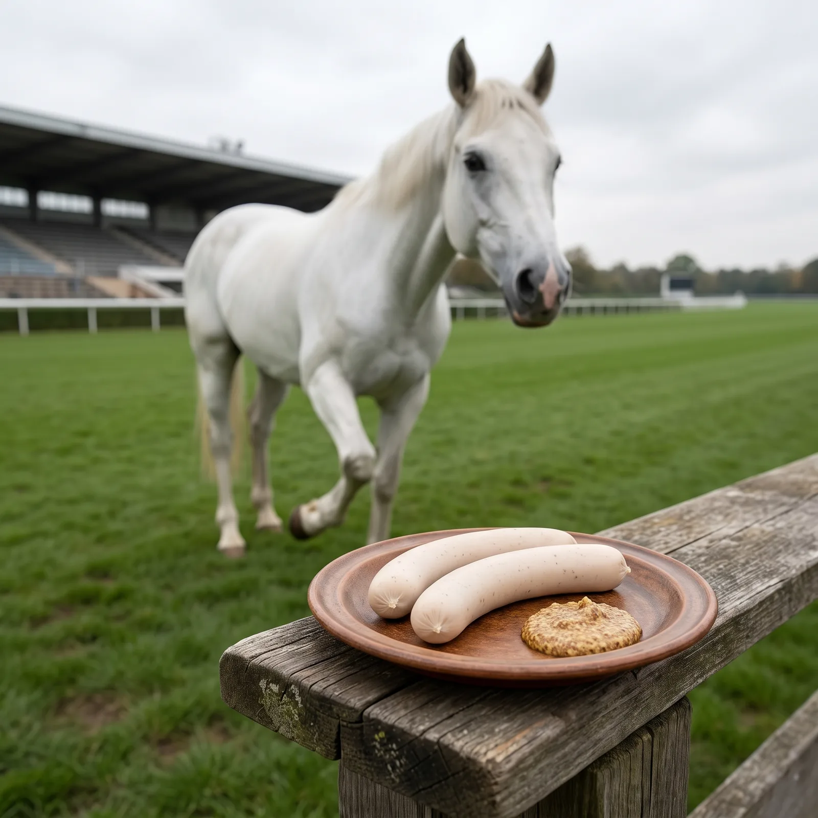 Wienerl mit Senf im Vordergrund, hinten hebt ein Schimmel schuldbewusst das Bein