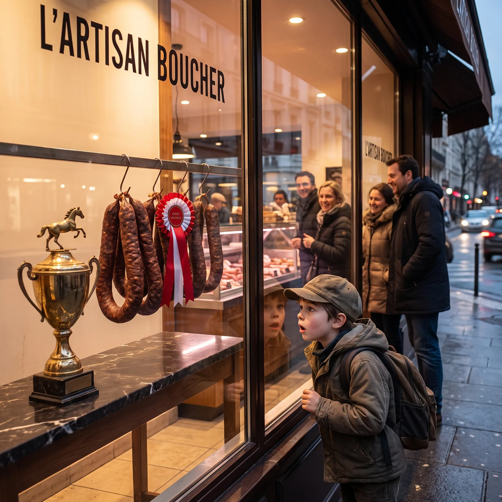 Schaufenster mit Wurstringen, Springpferd-Pokal und Siegerschleife
