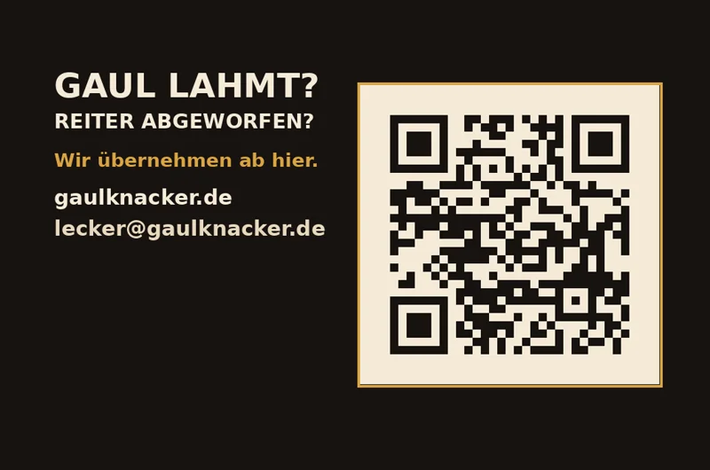 Rückseite: Gaul lahmt? Reiter abgeworfen? Wir übernehmen ab hier — mit QR-Code zu gaulknacker.de